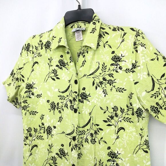 c.b. collections Shirt Womens Size M Green Floral Short Sleeve Lined Button Up - Picture 2 of 7